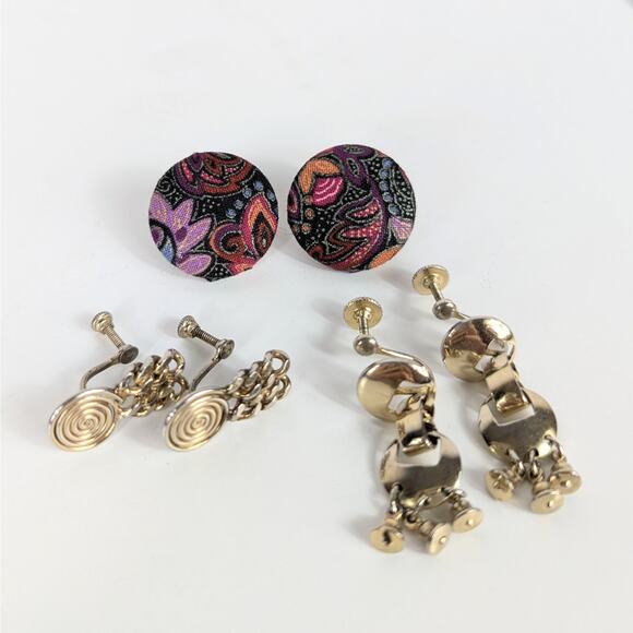 Lot of 3 Screw On and Clip On Earrings Vintage Gold Tone with Swirl or Dangle - Picture 1 of 13